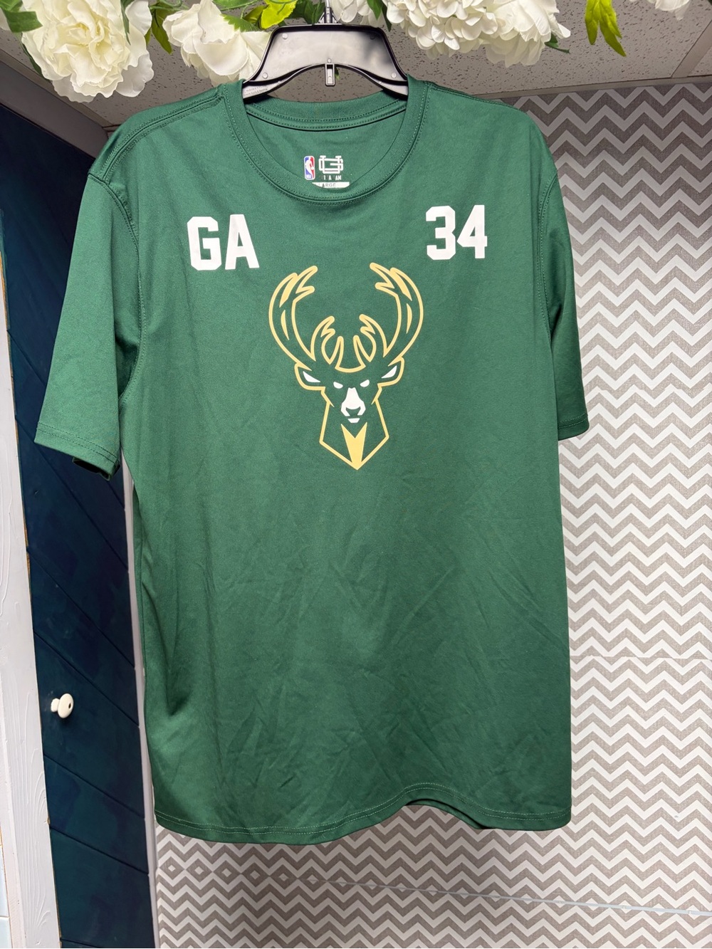 NBA Milwaukee Bucks Green Short-Sleeve Shirt with Deer Logo #34